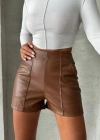 Parçalı cepli deri şort taba w26312