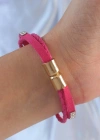 Pembe Renk Zirkon Taşlı Deri Çoklu Bileklik