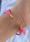 Pembe Zirkon Taşlı İpli Püskül Detay Çoklu Bileklik