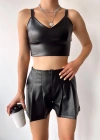 Pileli deri şort siyah h240053