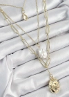Pirinç Çoklu Zincirli İncili Deniz Kabuğu Model Gold Renk Kadın Kolye