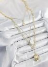 Pirinç Çoklu Zincirli İncili Deniz Kabuğu Model Gold Renk Kadın Kolye
