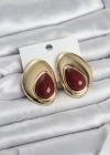 Pirinç Gold Renk Bordo Taşlı Damla Model Vintage Kadın Küpe
