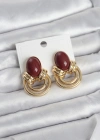 Pirinç Gold Renk Bordo Taşlı Vintage Kadın Küpe