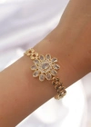 Pirinç Gold Renk İri Zirkon Taşlı Çiçek Figürlü Bileklik