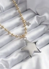 Pirinç Gold Renk Topçuk Zincir Gümüş 3D Yıldız Model Yıldız Detay VİP Kadın Kolye