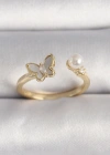 Pirinç Gold Renk Zirkon Taş Detaylı Beyaz Mineli Kelebek Model İnci Detay Ayarlanabilir Yüzük