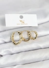 Pirinç Gold Renk Zirkon Taşlı Petek Halka Model YSX Trio Küpe Seti