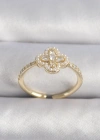 Pirinç Gold Renk Zirkon Taşlı Yonca Model İnci Detay Kadın Yüzük