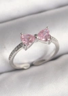 Pirinç Gümüş Renk Pembe Zirkon Taşlı Kalp Fiyonk Model Kadın Yüzük