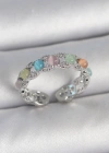 Pirinç Gümüş Renk Renkli Mineli Ayarlanabilir Kadın Yüzük