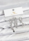 Pirinç Gümüş Renk Zirkon Taşlı Uzay Model YSX Trio Küpe Seti