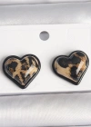 Pirinç Siyah Renk Leopar Desen 3D Kalp Model Kadın Küpe