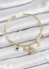 Pirinç Zirkon Taşlı Güneş Ay Nazar Model Gold Renk Charm Bileklik
