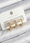 Pirinç Zirkon Taşlı Halka Model Gold Renk 3lü Çift Kadın Küpe Set