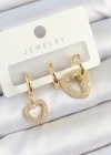 Pirinç Zirkon Taşlı Kalp Model Gold Renk 3lü Çift Kadın Küpe Set