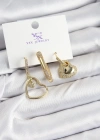 Pirinç Zİrkon Taşlı Kalp Model Gold Renk 3lü Kadın Küpe