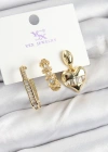 Pirinç Zİrkon Taşlı Kalp Model Gold Renk 3lü Kadın Küpe