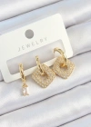 Pirinç Zirkon Taşlı Kare Model Gold Renk 3lü Çift Kadın Küpe Set