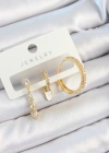 Pirinç Zirkon Taşlı Sallantılı Model Gold Renk 3lü Çift Kadın Küpe Set