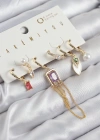 Pirinç Zirkon Taşlı Sallantılı Ve İncili Gold Renk 6lı Küpe Set