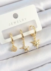 Pirinç Zirkon Taşlı Yıldız Model Gold Renk 3lü Çift Kadın Küpe Set