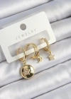 Pirinç Zirkon Taşlı Yıldız Ve Ay Model Gold Renk 3lü Çift Kadın Küpe Set