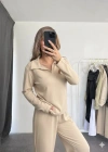 Polo yaka alt üst kollu modal takım bej pt