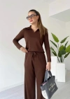 Polo yaka alt üst kollu modal takım kahve pt