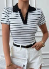 Polo yaka garnili bluz Beyazsiyah