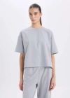 Relax Fit Bisiklet Yaka Basic Düz Kısa Kollu Tişört Gri