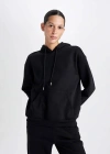Relax Fit Kapüşonlu Kanguru Cepli Kalın Basic Düz Siyah Sweatshirt