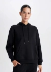 Relax Fit Kapüşonlu Kanguru Cepli Kalın Basic Düz Siyah Sweatshirt