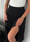 Sandy Uzun Beli Lastikli Yüksel Bel Etek Yazlık - Siyah