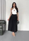 Sandy Uzun Beli Lastikli Yüksel Bel Etek Yazlık - Siyah