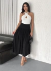 Sandy Uzun Beli Lastikli Yüksel Bel Etek Yazlık - Siyah