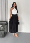 Sandy Uzun Beli Lastikli Yüksel Bel Etek Yazlık - Siyah