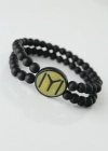 Sarı Renkli Metal Üzerine Siyah Kayı Boyu Figürlü Siyah Renk Çift Sıra Doğal Taş Erkek Bileklik