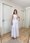 Sifir Kol Beli Oturtmalı Kolsuz Uzun Elbise - Beyaz