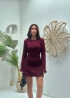 Sırt Pencereli Mini Triko Elbise - Bordo