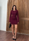 Sırt Pencereli Mini Triko Elbise - Bordo