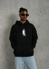 Siyah Oversize Hoodie - Sırt Baskılı Survivor Penguin Temalı, Felsefi Yazılı Kapüşonlu Sweatshirt - Siyah