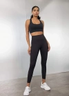 Siyah Yüksek Bel Beli Saran Toparlayıcı Esnek Premium Sporcu Tayt