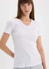 Slim Fit Dar Kesim V Yaka Ribana Basic Düz Kısa Kollu Beyaz Tişört