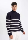 Standart Fit Dik Yaka Yarım Fermuarlı Çizgili Triko Kazak D3274AX24WN