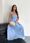 Straplez Pileli Elbise - Açık Mavi