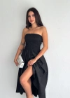 Straplez Pileli Elbise - Siyah