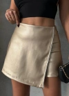 Taşlı şort etek deri gold h240018