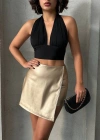 Taşlı şort etek deri gold h240018