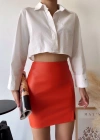 Tek yırtmaçlı arkadan fermuarlı deri etek turuncu s24475